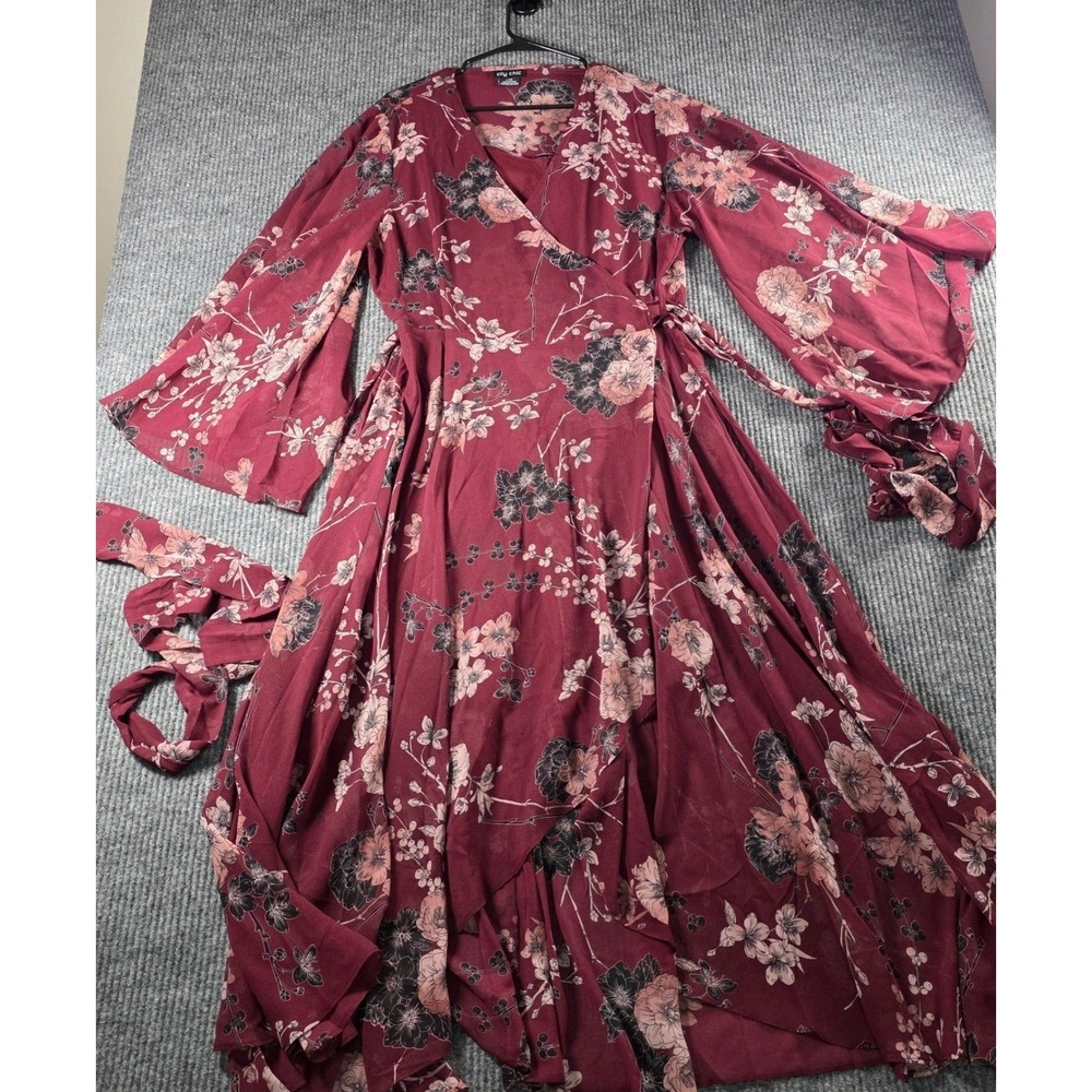 City Chic Burgundy Floral Wrap Maxi Dress Bell Sleeve Plus Size L 20 Wine Red